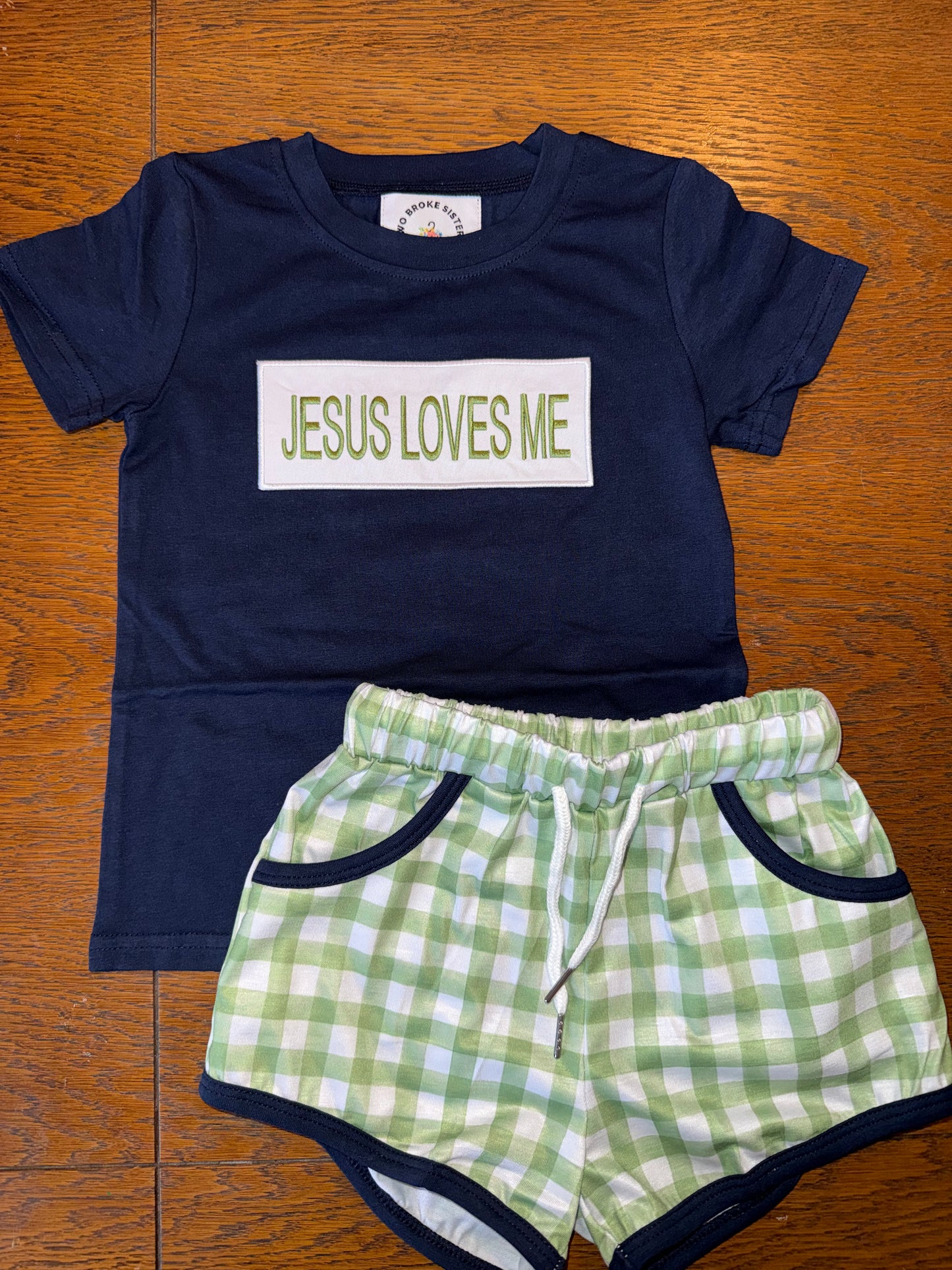 Floral & Navy/Green Plaid "Jesus Loves Me" Short Sets