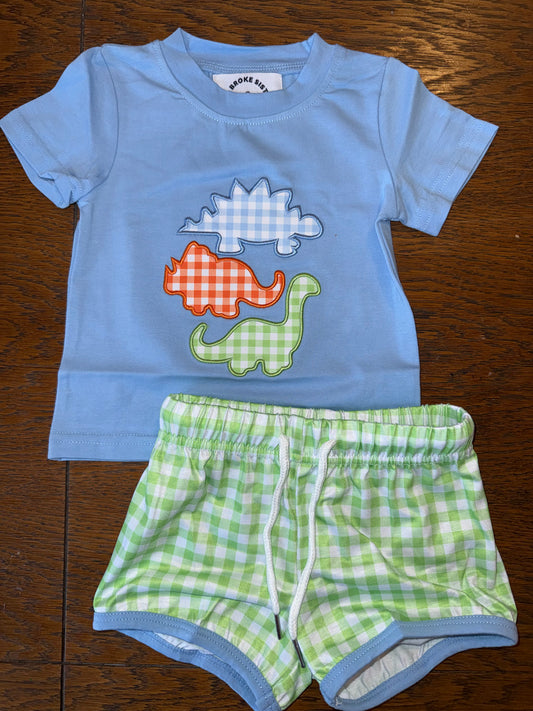 Green Plaid & Blue Dino Short Set