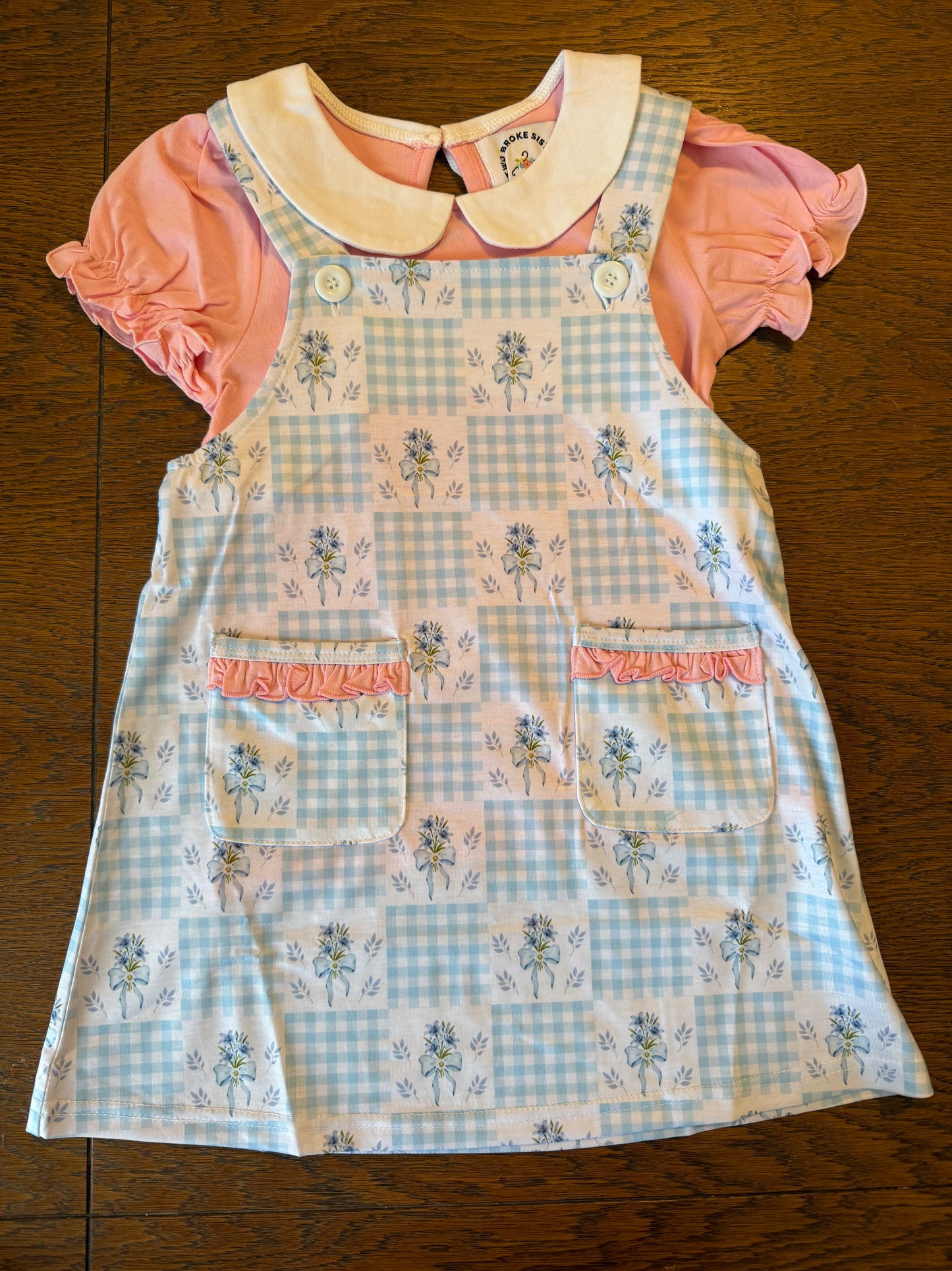 Light Blue Plaid & Hydrangeas Patchwork Dress with Shirt