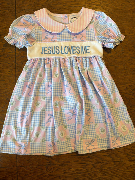 Blue & Pink Patchwork Jesus Loves Me Dress
