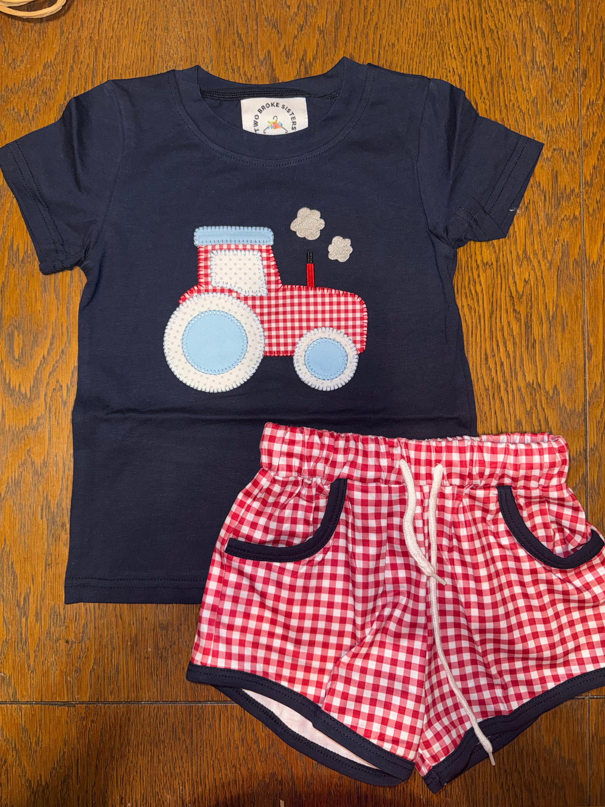 Navy & Red Checkered Tractor Short Set